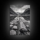 Mountain Lake Log, Alpine Serenity Scene, Tranquil Rock Shore, Canvas Print, Bedroom Wall Art, Nature Retreat, Minimalist Landscape
