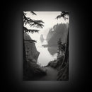Forest Cliffs, Ocean Pathway, Misty Coast, Woodland Escape, Framed Canvas Print, Cabin Wall Art, Nature Trail Aesthetic, Autumn Mood Art