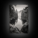 Misty Forest, River Reflection, Foggy Pines, Mountain Silence, Framed Canvas Print, Bedroom Wall Art, Tranquil Nature Photography, Zen Decor