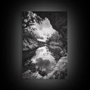 Serene River Reflection, Cave View, Monochrome Nature, Framed Canvas Print, Living Room Wall Art, Tranquil Landscape, Minimalist Decor