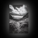 Highland Ocean Trail, Dramatic Clouds, Monochrome Nature, Canvas Print, Office Wall Art, Adventure Landscape, Rustic Home Decor