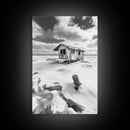Frozen Cabin Scene, Snowy Landscape, Winter Monochrome, Canvas Print, Cabin Wall Art, Rustic Winter Decor, Nature Photography