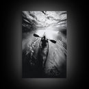 Kayaking Exploration, River Reflections, Adventure Sport, Framed Canvas Print, Office Wall Art, Moody Travel Photography, Nature Wall Decor
