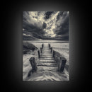 Stormy Beach Dock, Dramatic Skies, Coastal Mood, Framed Canvas Print, Fall Wall Art, Entryway Decor, Moody Seascape, Rustic Coastal Home