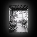 Rustic Porch View, Cabin Serenity, Lakefront Rocking Chairs, Framed Canvas Print, Farmhouse Wall Art, Living Room Decor, Fall Home Style