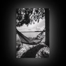 Hammock Lake View, Peaceful Retreat, Summer Breeze, Canvas Print, Boho Outdoor Art, Bedroom Relaxation Decor, Minimalist Coastal Vibe