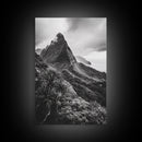 Lush Mountain Range, Cloud Covered Peaks, Jungle Tranquility, Framed Canvas Print, Entryway Wall Art, Black and White Nature, Boho Wall Art