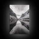 Fjord Reflection, Mountain Valley Calm, Mirror Lake, Canvas Print, Hallway Wall Art, Scandinavian Style Art, Black and White Minimalist