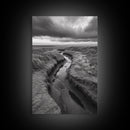 Winding Stream, Grassy Dunes, Ocean Horizon, Canvas Print, Kitchen Wall Art, Black and White Nature Scene, Coastal Rustic Decor
