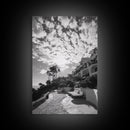 Mediterranean Villa, Palm Tree Art, Coastal Pathway, Framed Canvas Print, Living Room Decor, Summer Wall Art, Black and White Photography