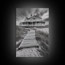 Beach House, Boardwalk Path, Coastal Architecture, Framed Canvas Print, Hallway Wall Art, Neutral Tones, Minimalist Coastal Style