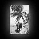 Tropical Bull, Palm Tree, Island Wildlife, Rural Photography, Framed Canvas Print, Kitchen Wall Art, Exotic Boho Decor, farmhouse decor