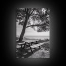 Seaside Bench, Peaceful Escape, Shaded Picnic, Canvas Print, nature photography, coastal wall art, relaxing ocean decor, Minimalist Decor