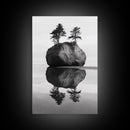 Island Reflection, Twin Trees, Still Water, Minimal Seascape, Framed Canvas Print, Bedroom Wall Art, Zen Decor, Black and White Art
