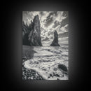Sea Spires, Ocean Foam, Pebble Shore, Wild Coast, Framed Canvas Print, Living Room Wall Art, Dramatic Landscape, Coastal Home Decor
