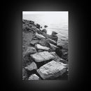Shore Rocks, Sunlit Ocean, Rugged Texture, Minimal Horizon, Framed Canvas Print, Entryway Wall Art, Beach Decor, Neutral Tones
