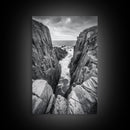 Ocean Cliff Pass, Rugged Coastal Rocks, Nature Power, Monochrome Framed Canvas Print, Moody Bathroom or Masculine Office Art