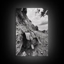Deserted Leather Satchel, Coastal Adventure, Weathered Texture, Black and White Canvas Print, Vintage Office or Studio Wall Art
