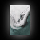 Aerial Beach, Turquoise Sea, Minimal Shoreline, Boat View, Canvas Print, coastal minimalist art, bathroom wall art, modern ocean photo