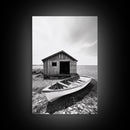 Shore Cabin, Rowboat Rest, Coastal Cabin, Serene Shoreline, Canvas Print, Lake House Wall Art, Rustic Decor, Living Room Seaside Art