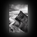 Mountain Peak, Coastal Horizon, Nature Majesty, Serene Edge Framed Canvas Print, modern landscape art, minimalist bedroom decor
