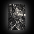Sunlit Forest Roots, Tree Shadows, Golden Light, Framed Canvas Print, Boho Nature Wall Art, Bedroom Wall Decor, Earthy Tones