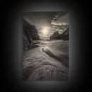 Secluded Beach, Sunset Glow, Reflected Light, Framed Canvas Print, Tranquil Ocean Wall Art, Modern Bedroom Decor, Zen Vibes