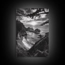 Cliffside Ocean View, Sunset Horizon, Trees Framing Sky, Canvas Print, Coastal Landscape Art, Cabin Living Room Decor, Moody Style