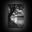 Tranquil Lake Sunset, Tree Silhouette, Calm Waters, Canvas Print, Nature Inspired Wall Art, Relaxing Bedroom Decor, Minimalist Zen