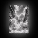 Ocean Splash, Cliff Waves, Nature Power, Dramatic Seascape, Framed Canvas Print, Living Room Statement, Black and White Wall Art