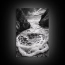Sea Whirlpool, Dramatic Ocean, Coastal Rocks, Nature Motion, Framed Canvas Print, Bathroom Art, Modern Seaside Wall Decor