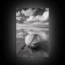 Washed buoy shore, coastal solitude, beach reflections, nautical simplicity, Framed Canvas Print, guest room art, seaside rustic wall decor