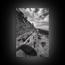 Driftwood Coastal Trail, Cliffside Path Nature Art, Rustic Cabin Style, Black White Photography, Framed Canvas Print, Hallway Wall Decor