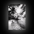 Tropical Sunset Beach, Palms and Waves, Cloudy Skies, Island Vibes, Framed Canvas Print, Coastal Wall Art, Beach House Decor