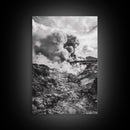 Volcanic Eruption Smoke, Lava Rocks, Earth Energy, Fiery Terrain, Framed Canvas Print, Office Wall Art, Dramatic Nature Landscape