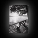 Peaceful Lake Bench, Tranquil Sunrise, Tree Shade View, Nature Serenity, Framed Canvas Print, Minimalist Art, Bedroom Wall Decor