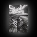 Weathered Crate, Ocean Dunes, Coastal Photography, Canvas Print, Beach House Wall Art, Minimalist Rustic Decor, Bathroom Wall Art