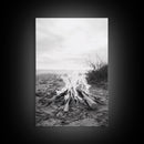 Campfire, Beach, Smoke, Glow - Cozy outdoor scene with flickering flame, Canvas Print, perfect rustic cabin or camping decor, Autumn Wall Art
