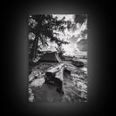Tent, Beach, Sunset, Trees - Rustic camping coastal escape vibe, Framed Canvas Print, ideal bedroom or adventure nursery decor, outdoor art