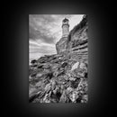 Lighthouse Beacon, Rocky Shoreline, Nautical Coastal Scene, Framed Canvas Print, Ocean View Art, Seaside Living Room Wall Decor