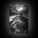 River Reflection, Nature Calm, Forest Stream, Canvas Print, Black and White Landscape Wall Art, Rustic Bathroom Decor, Tranquil Home Vibe