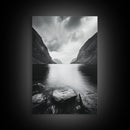 Mountain Lake, Nordic Fjord, Moody Water, Framed Canvas Print, Minimalist Wall Art, Serene Living Room Decor, Monochrome Nature Scene