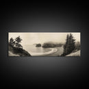 Misty Bay, Forested Coast, Moody Landscape, Serene Shoreline, Framed Canvas Print, Coastal Wall Art, Bedroom Decor, Earthy Tones