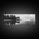 Reflected Pines, Quiet Lake, Forest Island, Calm Waters, Framed Canvas Print, Nature Photography, Minimal Wall Art, Office Decor