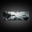 Arctic Shore, Ice Reflections, Northern Coastline, Framed Canvas Print, Moody ocean art, Coastal decor, Living room wall art, Monochrome nature