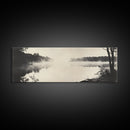 Misty River, Forest Reflection, Black and White Nature, Framed Canvas Print, Tranquil Decor, Bedroom Wall Art, Moody Minimalist Art