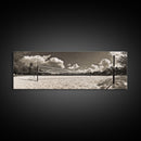 Beach Volleyball, Sand Court, Summer Fun, Tropical Clouds, Framed Canvas Print, Sports Room Wall Art, Coastal Decor, Sepia Beach Art