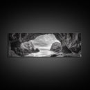 Sea Cave View, Coastal Rock Art, Monochrome Seascape, Framed Canvas Print, Bathroom Wall Art, Nature Photography, Moody Ocean Decor