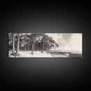 Pine Forest Coast, Tranquil Wilderness, Shoreline Trees, Earthy Coastal Scene, Framed Canvas Print, Rustic Wall Art, Autumn Cabin Decor