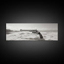 Revolver On Beach, Western Vibes, Americana Style, Framed Canvas Print, Man Cave Wall Art, Bold Statement Decor, Coastal Contrast